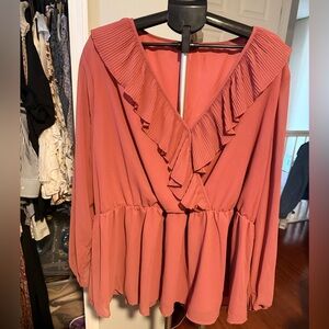 Boho chic Ruffled V-Neck Blouse tunic burnt orange Coral plus size 28 Coachella